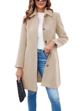 Women's Beige Wool Turn Down Collar Long Sleeve Single Breasted Winter Pea Coat
